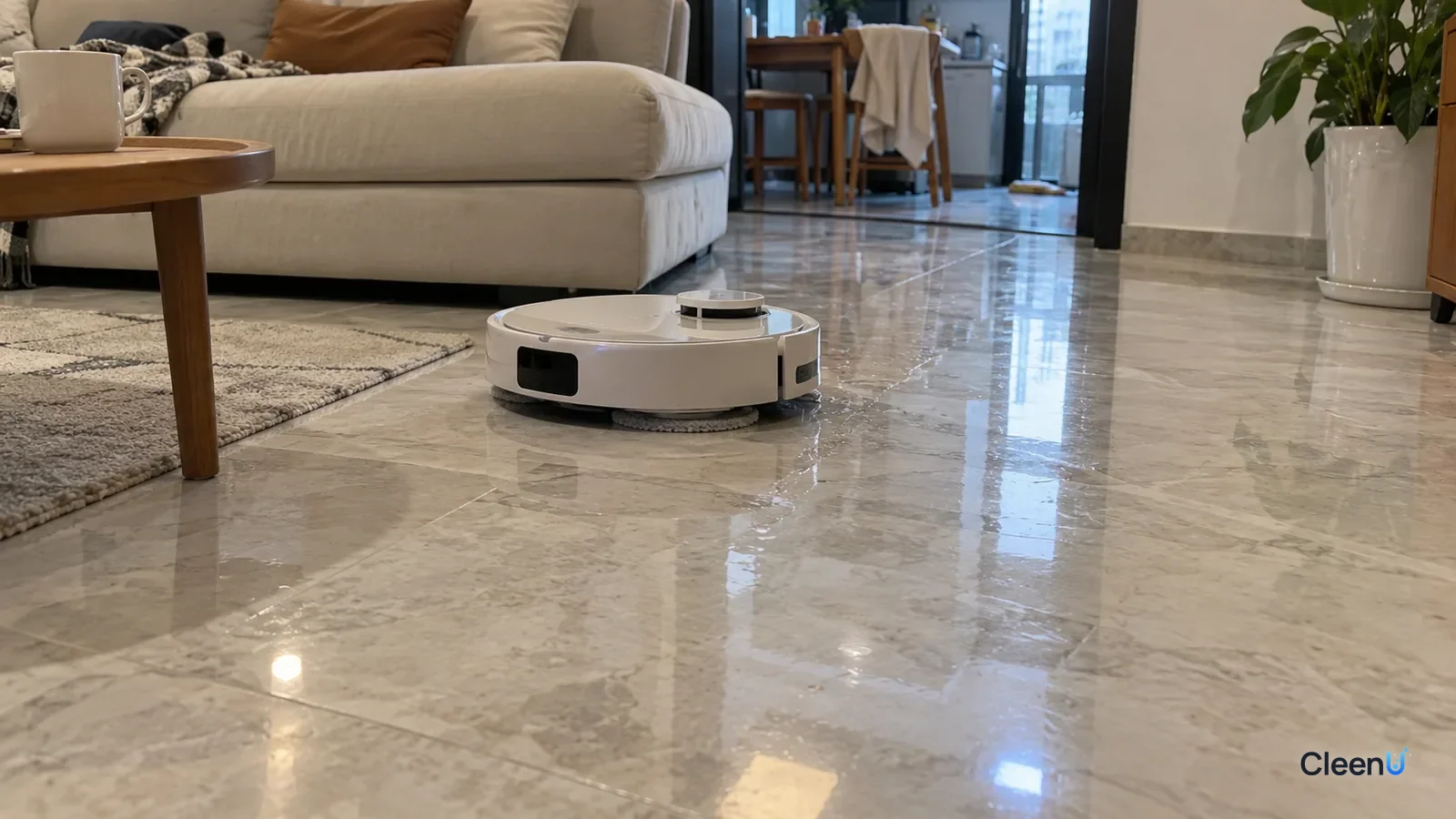 AI illustration: A living room with light marble floors as a robot mop cleans on a low water setting, the stone glossy and reflective