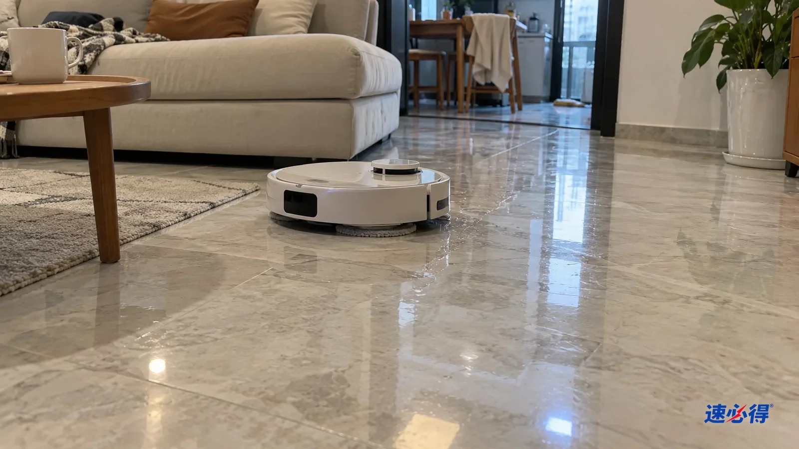 AI 示意图：客厅铺着浅色大理石地面，扫地机器人正在低出水量拖地，石材表面光洁反光