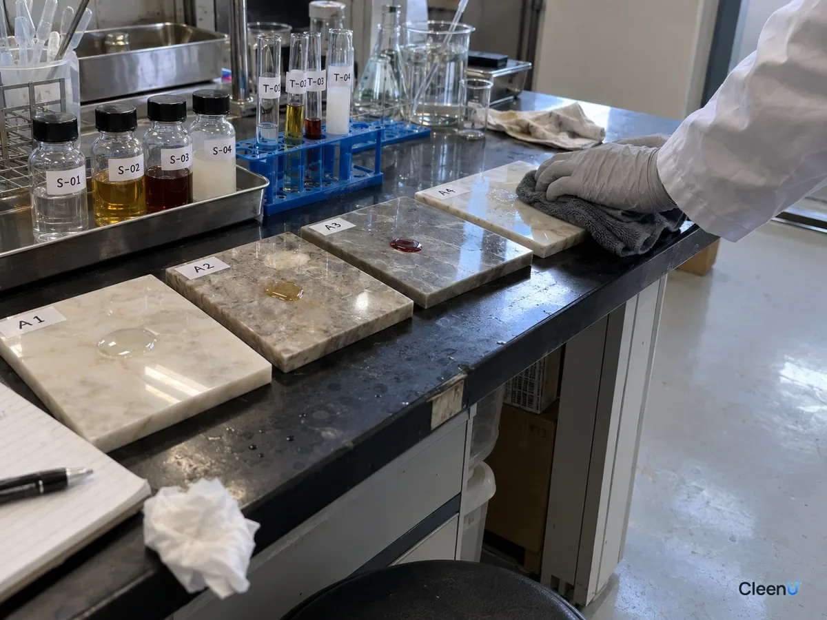 AI illustration: Liquid droplets on polished stone samples inspected by a gloved hand in side light
