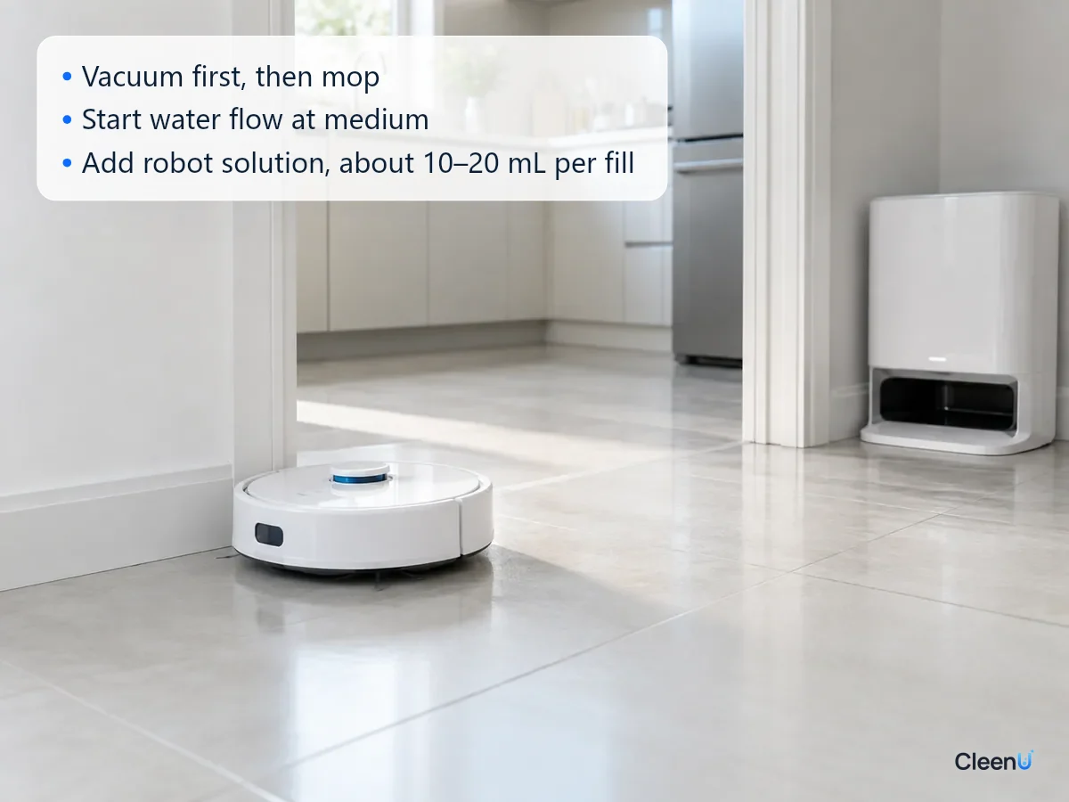 AI illustration: A kitchen doorway floor free of footprints after the robot vacuumed first and mopped with cleaning solution