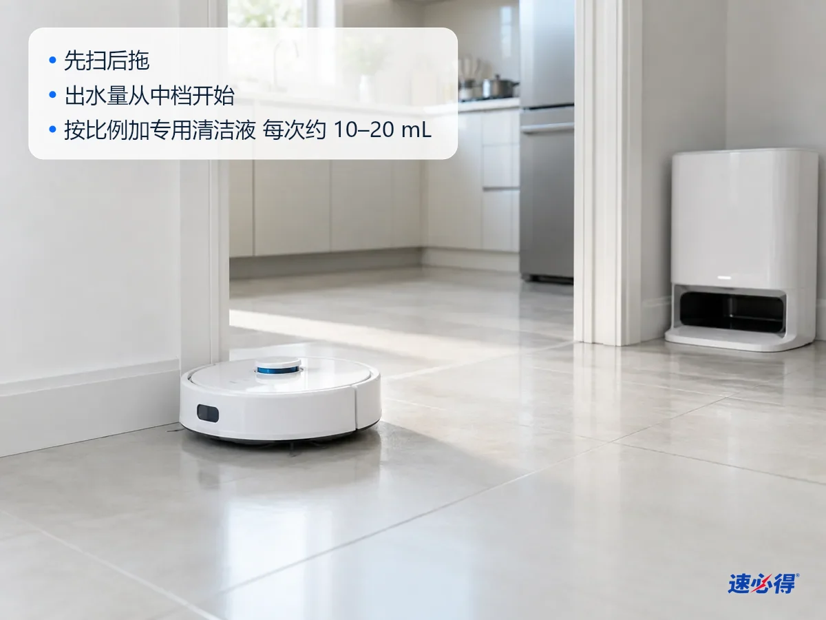 AI 示意图：设置先扫后拖、加入清洁液后，扫地机器人拖过的厨房门口地面干净无脚印