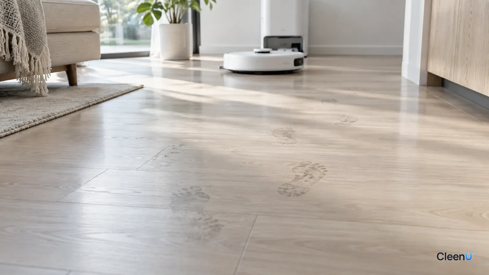 AI illustration: A light floor mopped by a robot that still shows a few gray footprints in side light