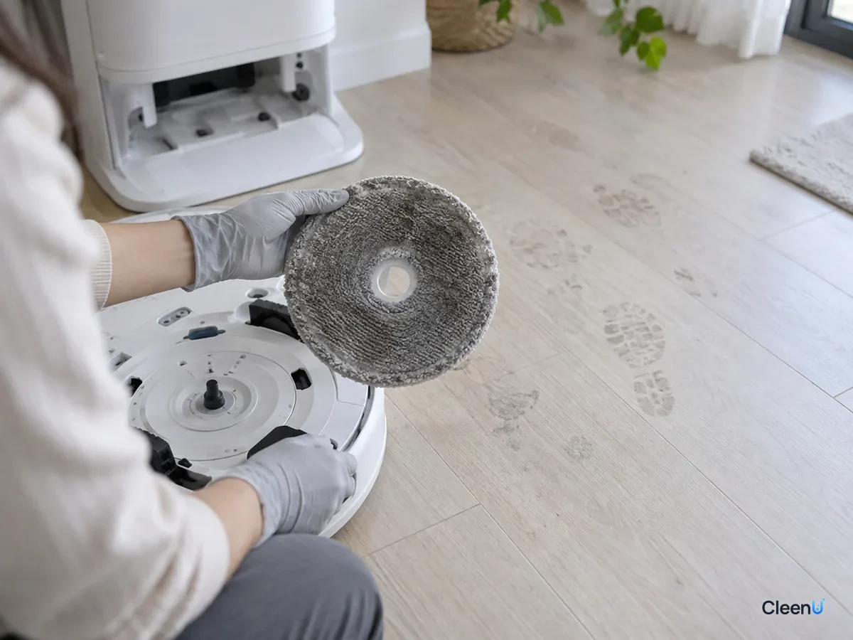 AI illustration: A saturated gray robot mop pad just off the robot, next to a floor still showing gray footprints