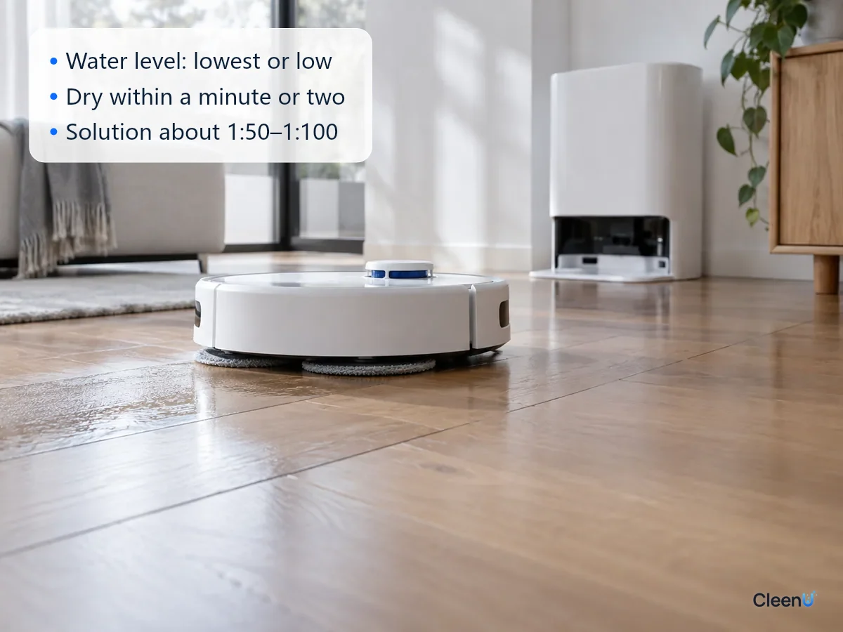 AI illustration: Low close-up of a robot mop pad moving along the grain of a sealed hardwood floor, leaving only a very thin damp trail