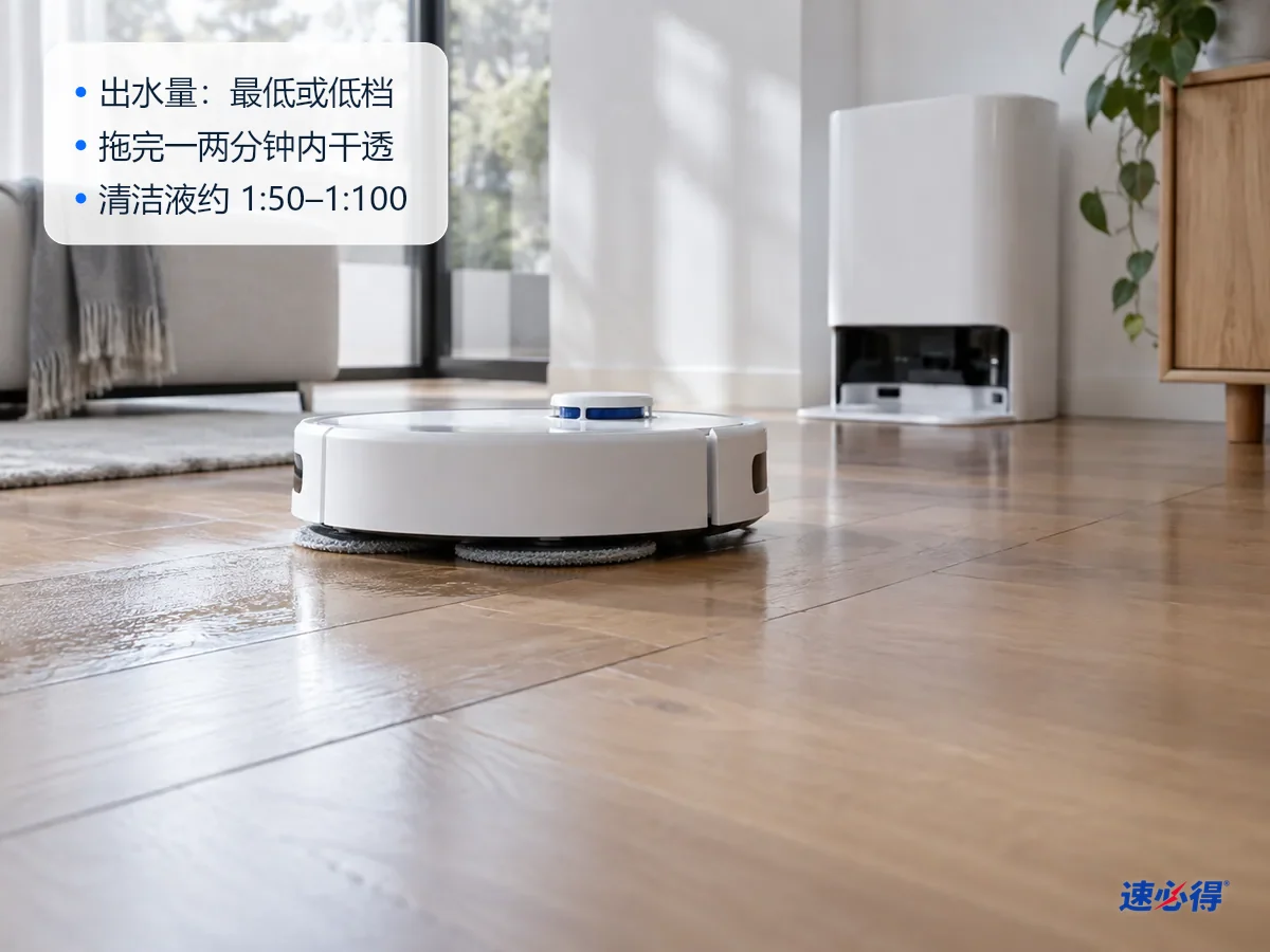 AI 示意图：低机位近景，扫地机器人的拖布在封漆实木地板上沿着木纹方向拖过，地面只留下很薄的一层湿痕