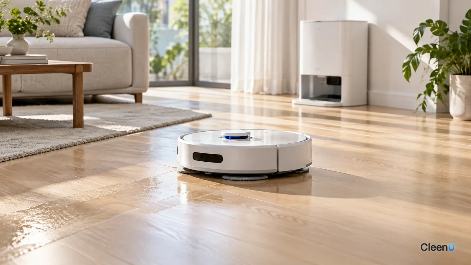 AI illustration: Sunlight across a living room as a robot mop works a sealed light hardwood floor on a low water setting, the floor dry with a natural sheen