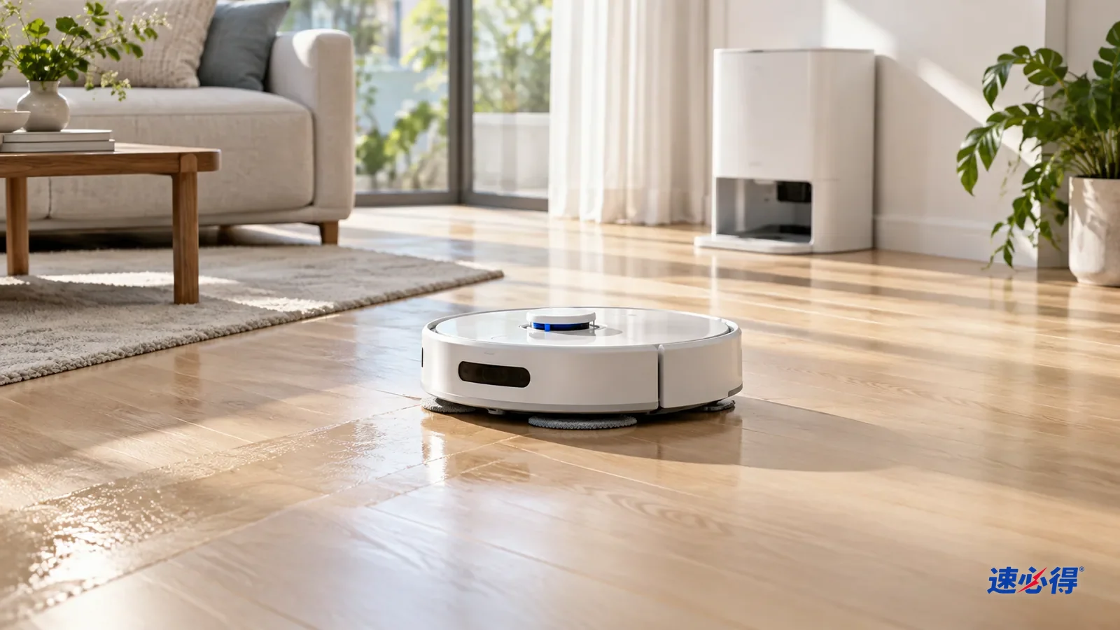 AI 示意图：阳光照进客厅，扫地机器人在封漆的浅色实木地板上低出水量拖地，地面干爽有光泽