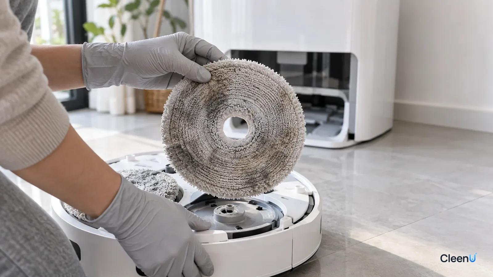 AI illustration: A gloved hand holding a round robot mop pad just taken off the robot, the pad gray and darkened