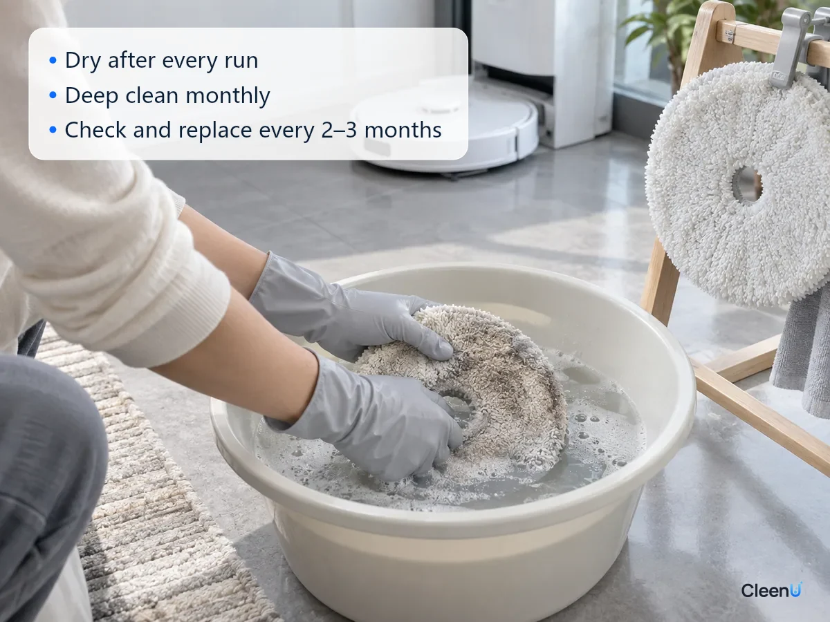 AI illustration: Gloved hands scrubbing a robot mop pad in a bowl of warm water, next to another pad already washed clean and drying
