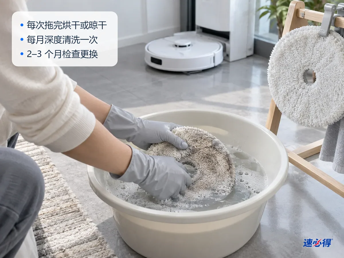 AI 示意图：戴手套的双手在一盆温水里搓洗扫地机器人拖布，旁边晾着一块已经洗白的拖布