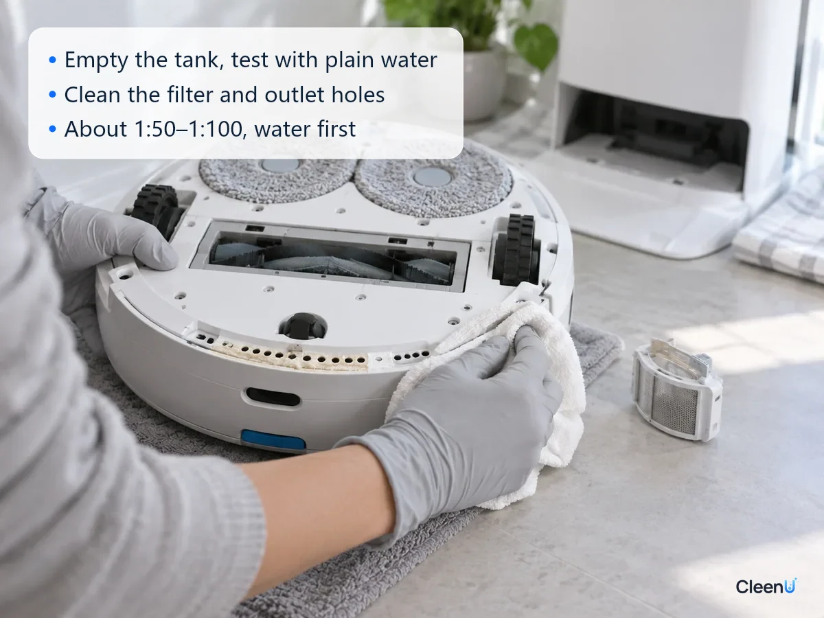 AI illustration: A gloved hand wiping the outlet holes on the underside of a robot mop with a cloth soaked in warm water, the removed clean tank filter beside it