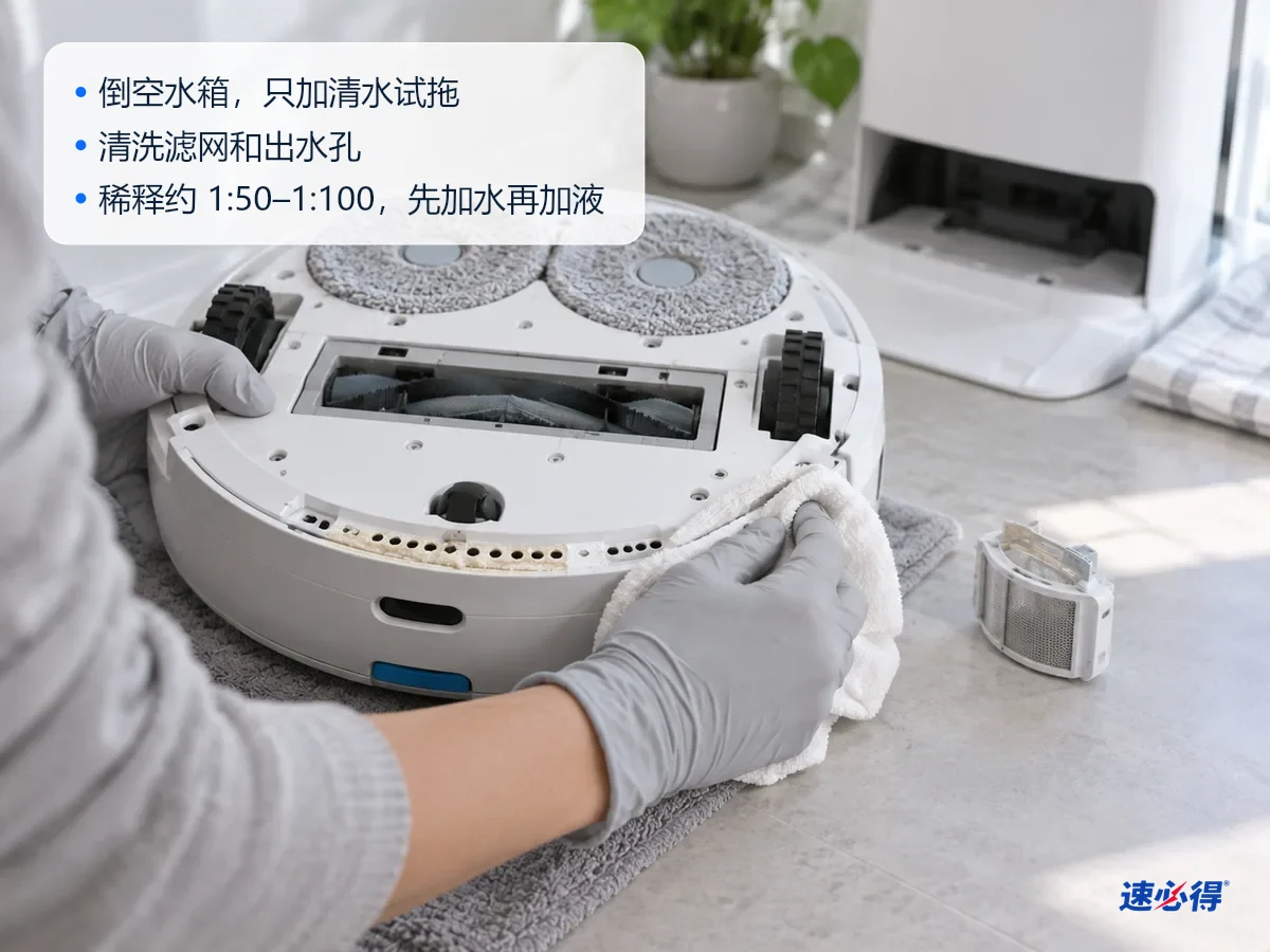 AI 示意图：戴手套的手用浸湿温水的软布擦拭扫地机器人底部的出水孔，旁边放着取下的清水箱滤网