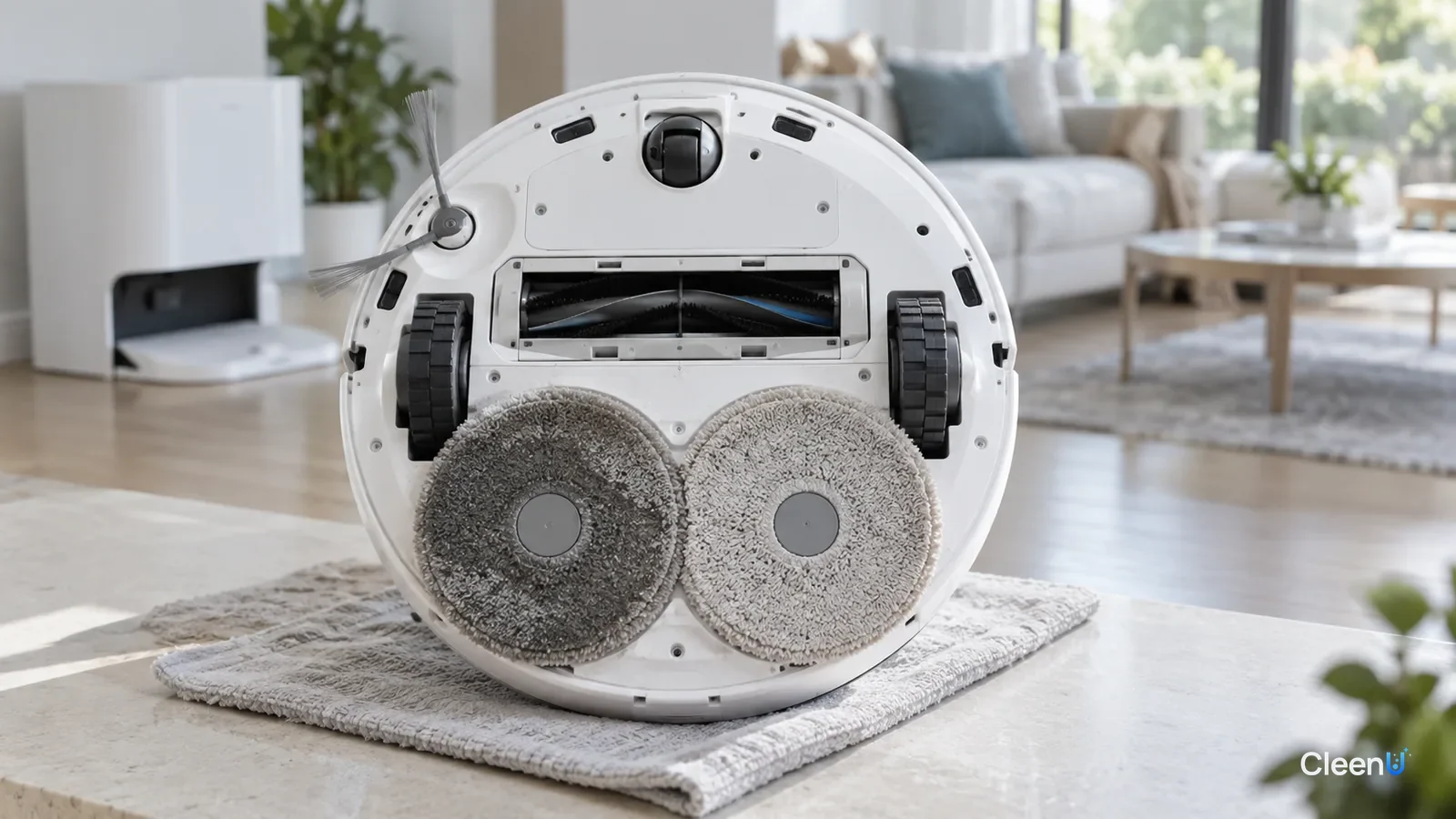 AI illustration: A robot mop turned upside down on a light counter, one pad damp and the other visibly dry