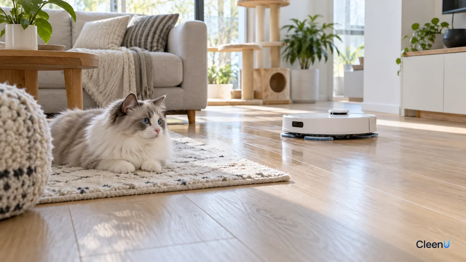 AI illustration: A cat lying by a rug on a light wood floor while a robot mop works in the background