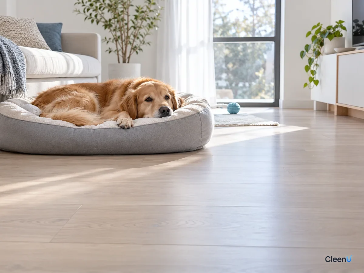 AI illustration: A dog resting in its bed on a clean light wood floor with no fur or paw prints
