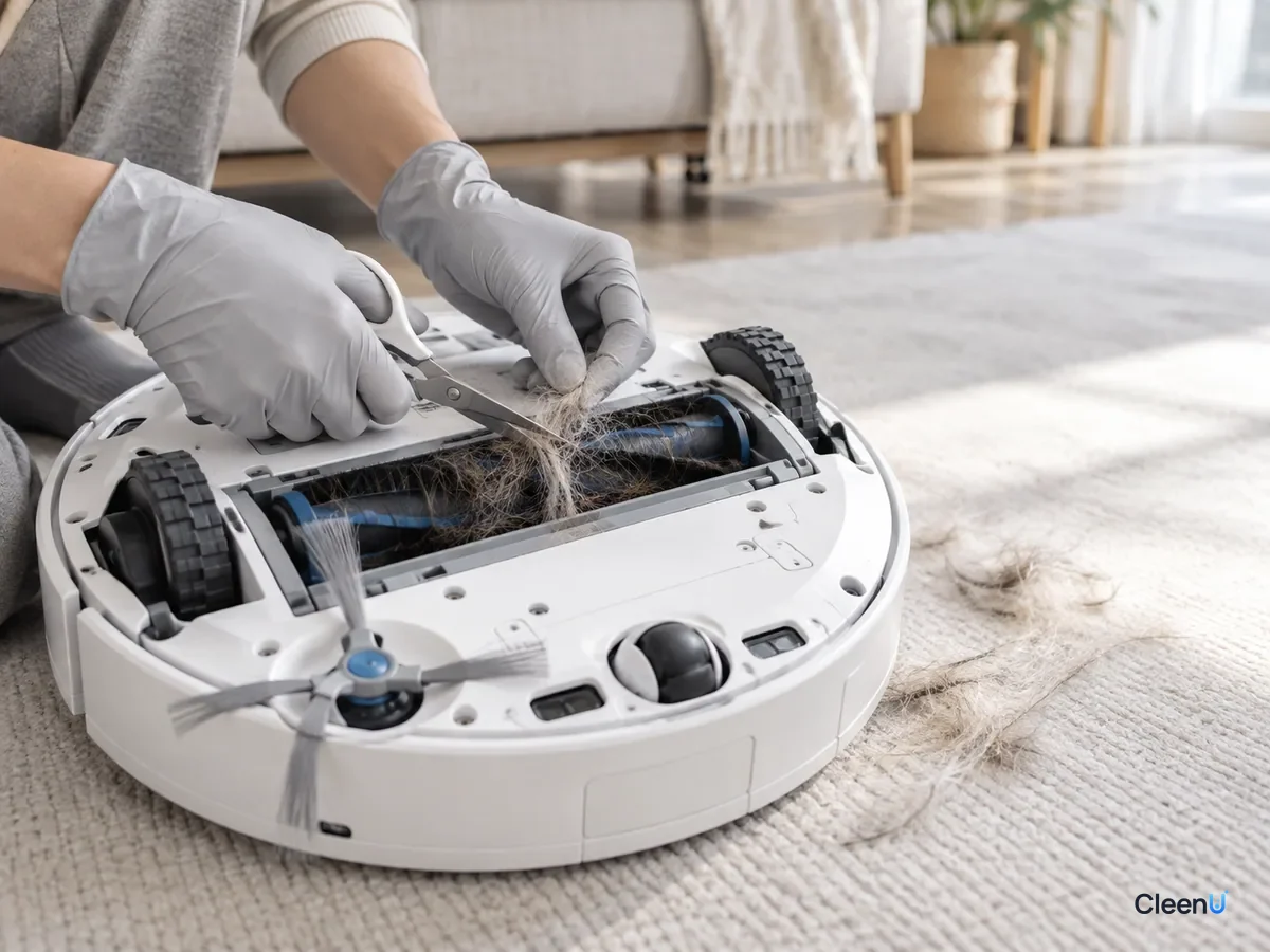 AI illustration: Gloved hands using small scissors to cut pet hair off a robot vacuum brush roll