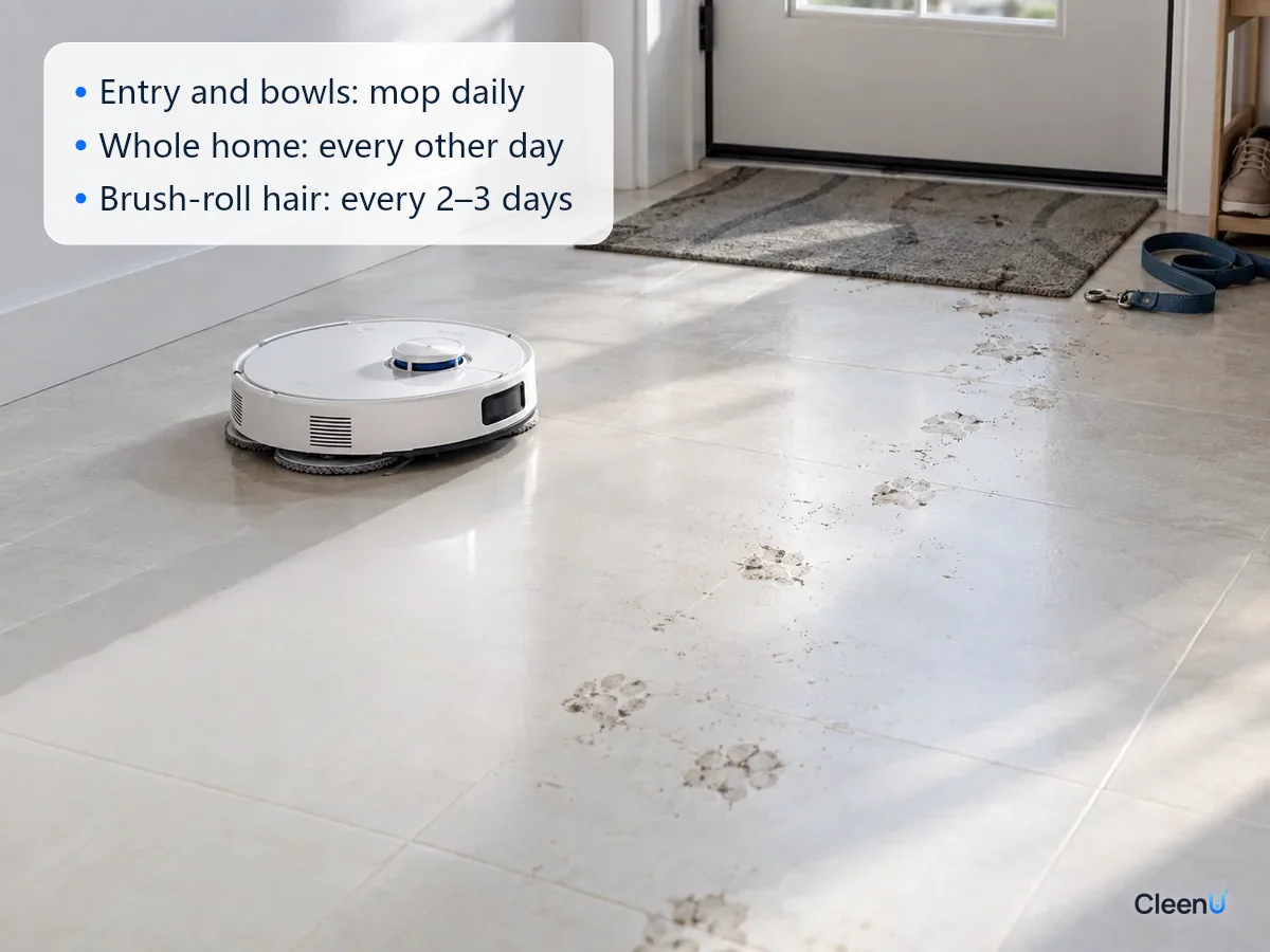 AI illustration: A robot mop cleaning muddy paw prints off the floor by the front door