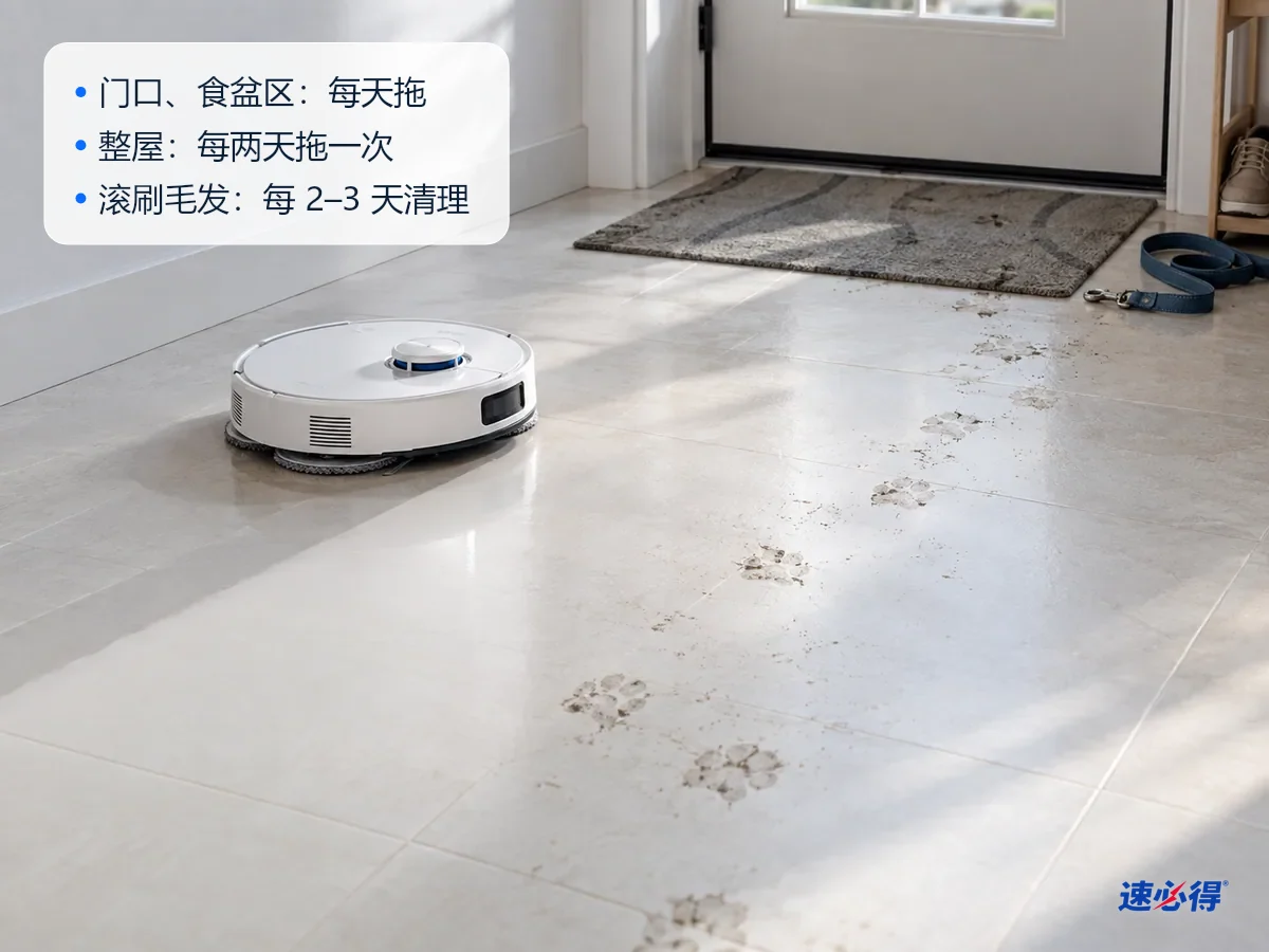 AI 示意图：扫地机器人在门口拖地，地面上的泥爪印被拖干净