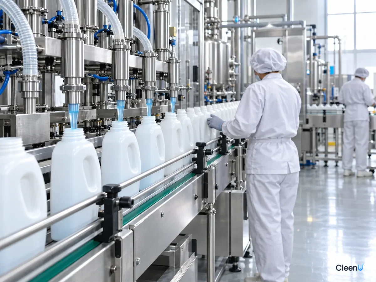 AI illustration: A worker inspecting cleaner bottles on an automated filling line