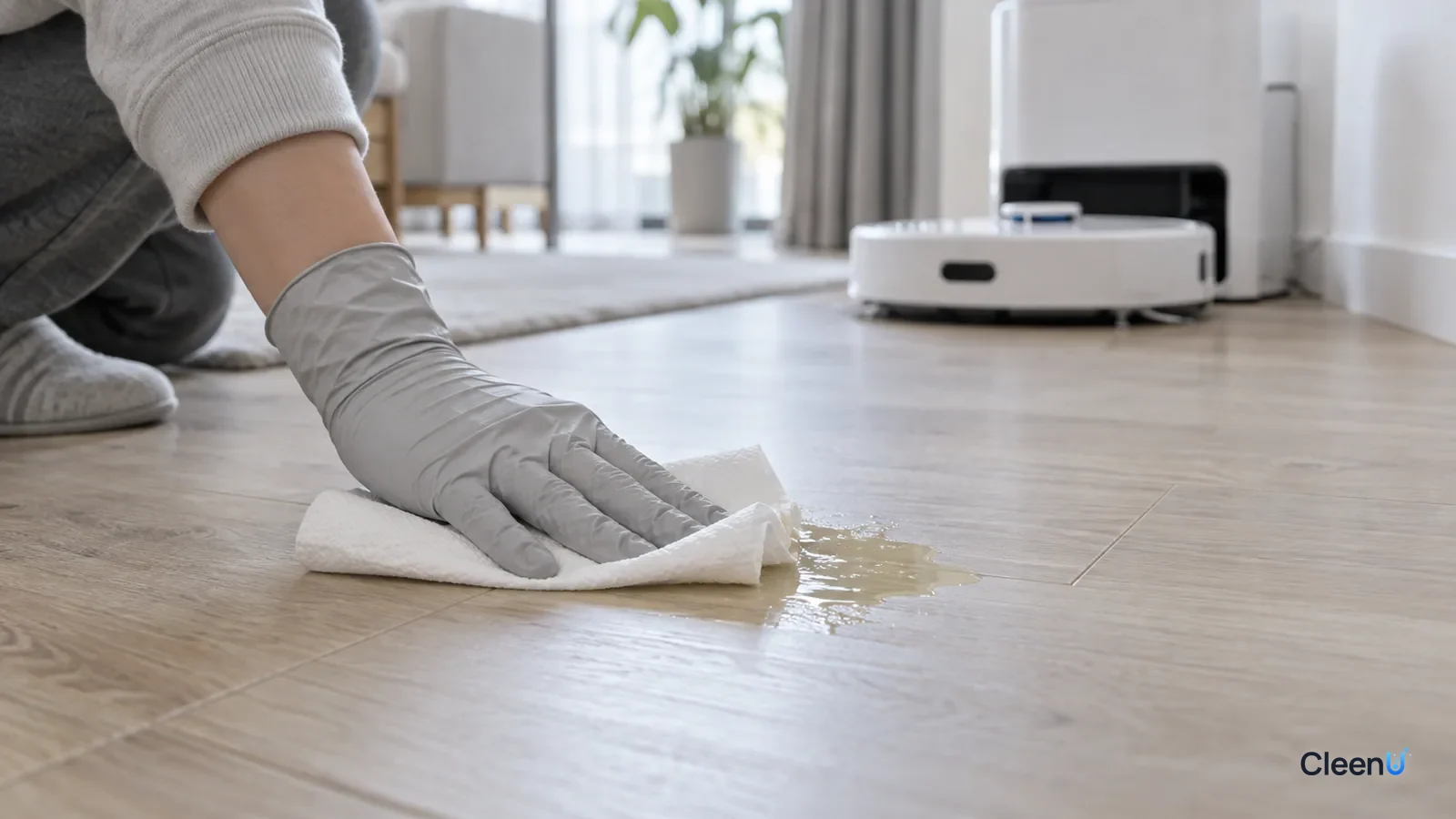 AI illustration: A gloved hand blotting yellow liquid on a wood floor with paper towels, with a robot mop behind