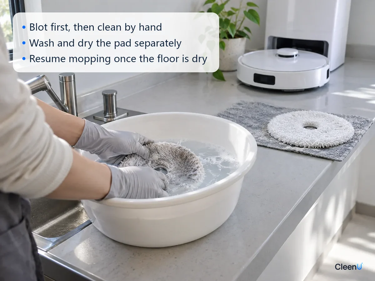 AI illustration: Gloved hands washing a round robot mop pad in a basin of clean water by the sink