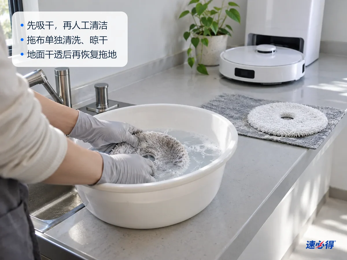 AI 示意图：水槽边，戴手套的双手在一盆清水里搓洗从扫地机器人上拆下的圆形拖布