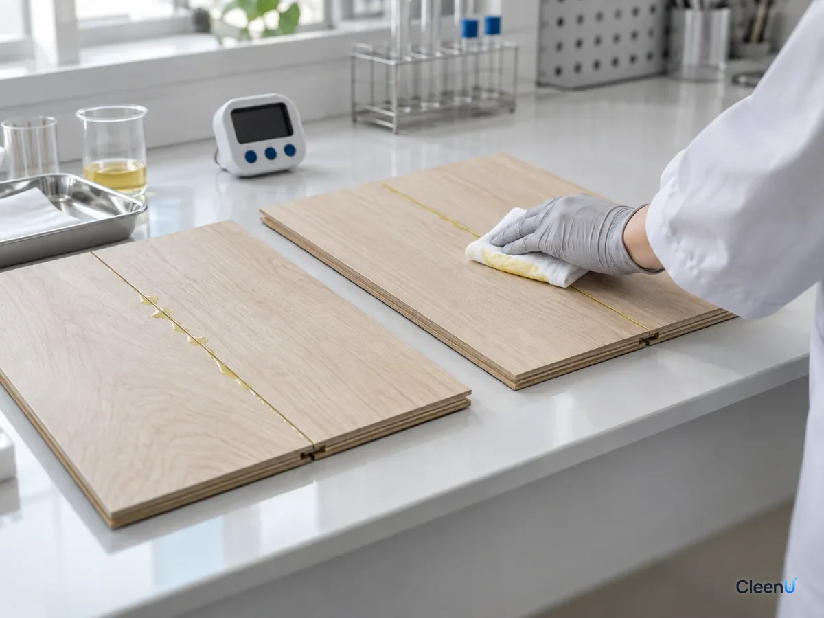 AI illustration: Floor samples with seams, liquid and wiping tools on a laboratory bench