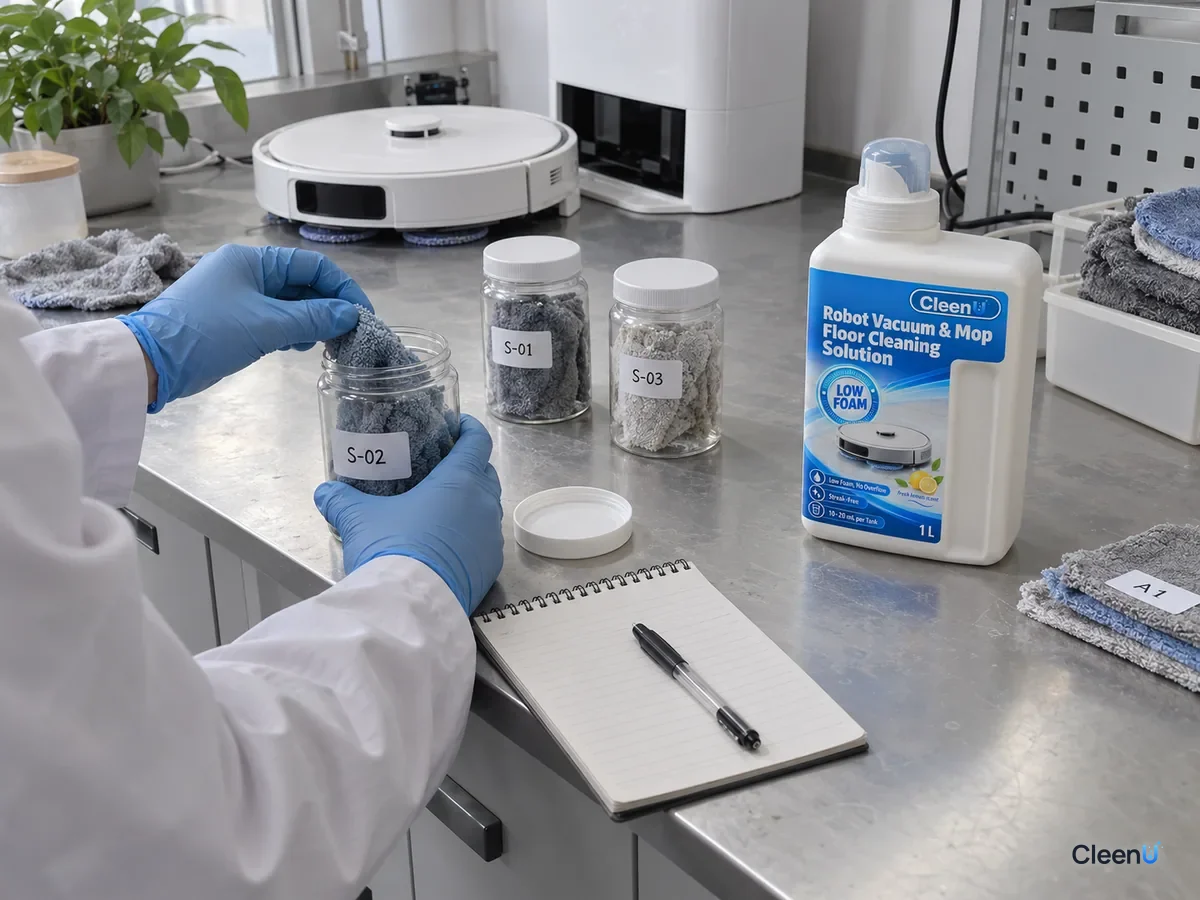 Lab bench with sealed jars with test codes holding damp mop pad swatches stored for different days; a technician opens one to note the smell, beside CleenU Robot Mop Cleaning Solution.