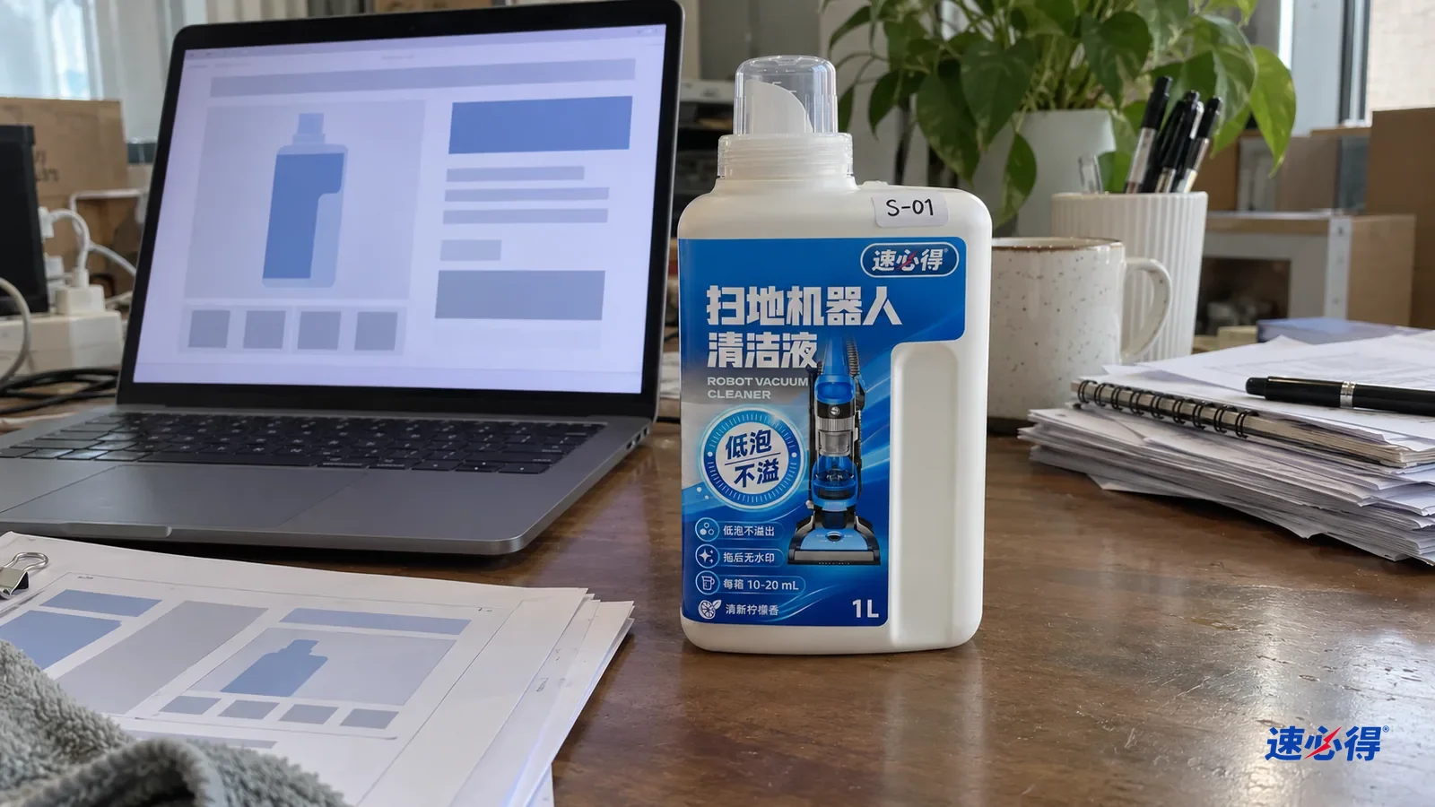AI 示意图：笔记本电脑显示由色块组成的页面草图，旁边有蓝色瓶子和资料