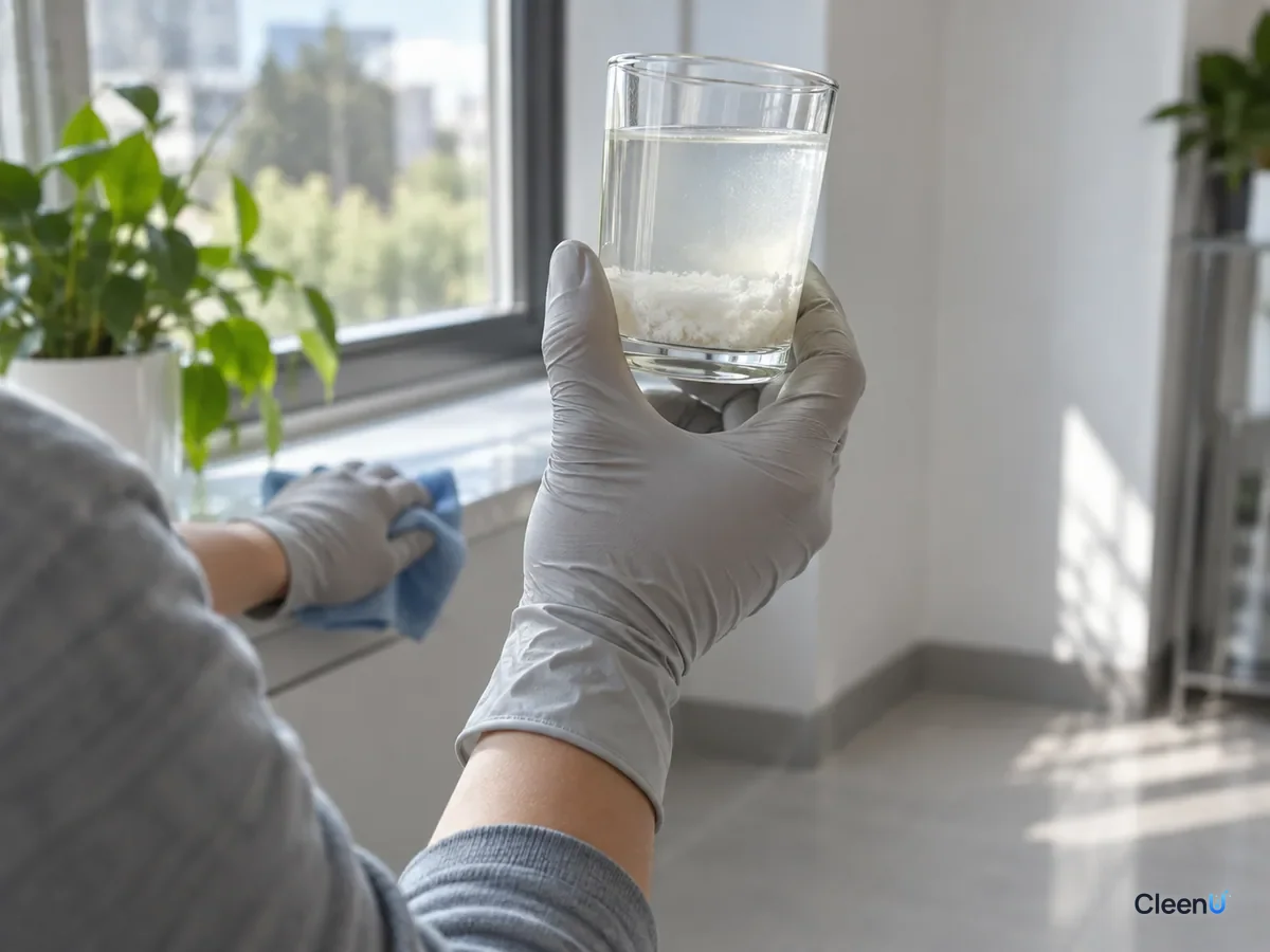 AI illustration: A gloved hand holding a clear glass up to the light, cleaning solution with a layer of white stringy sediment at the bottom