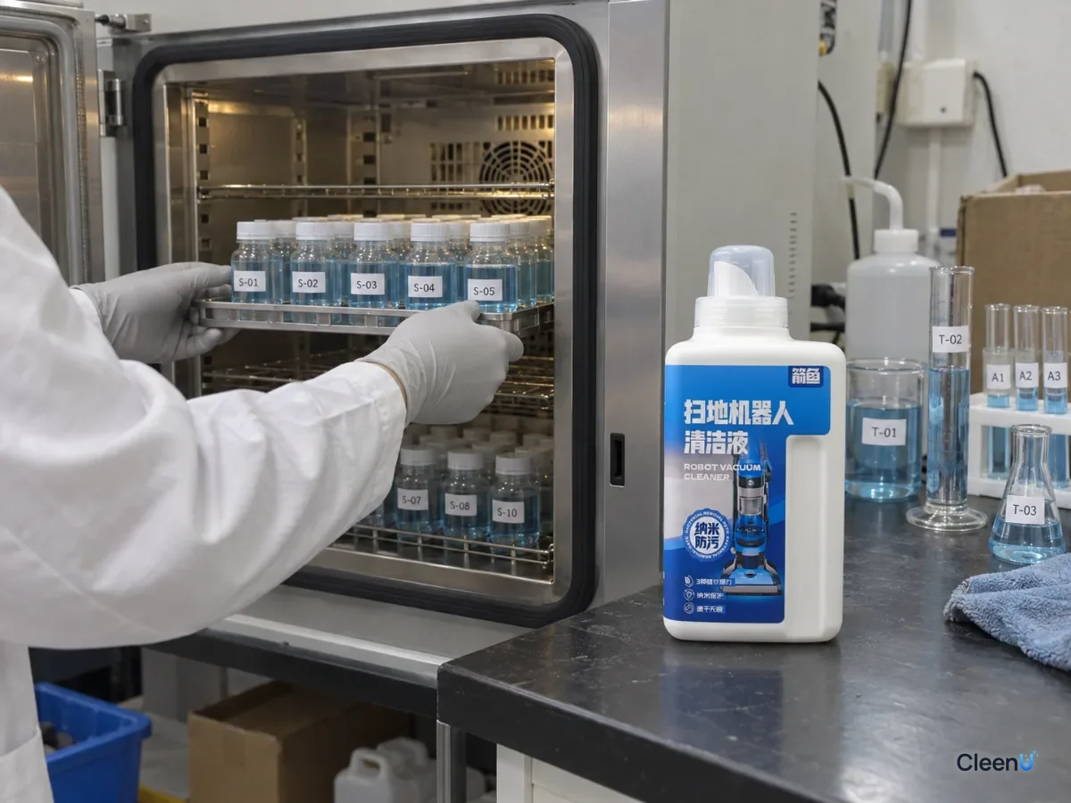 AI illustration: Rows of cleaner sample bottles inside a laboratory chamber