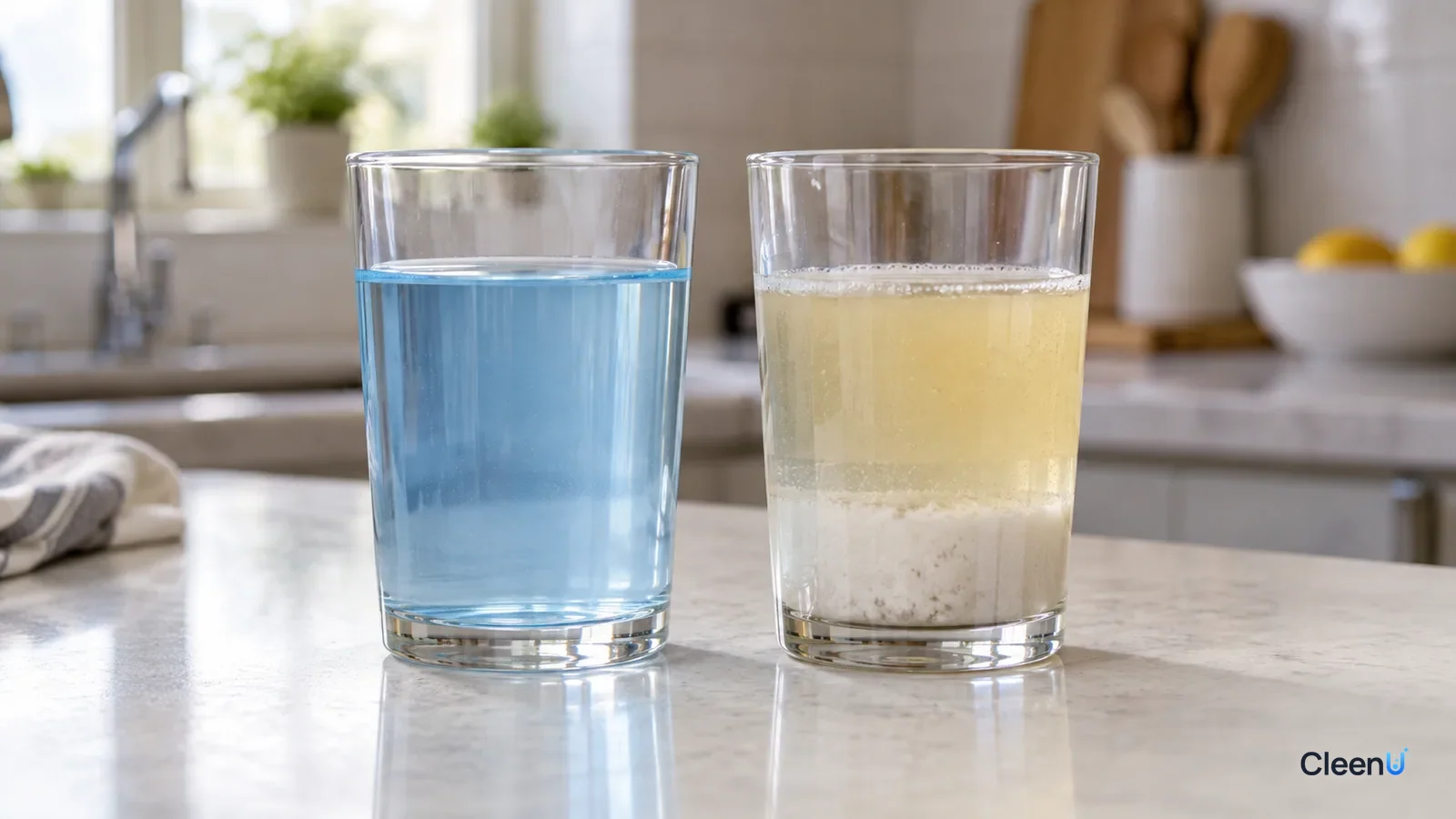 AI illustration: Two clear glasses side by side on a counter, the left holding clear, even cleaning solution and the right separated into two layers with sediment at the bottom