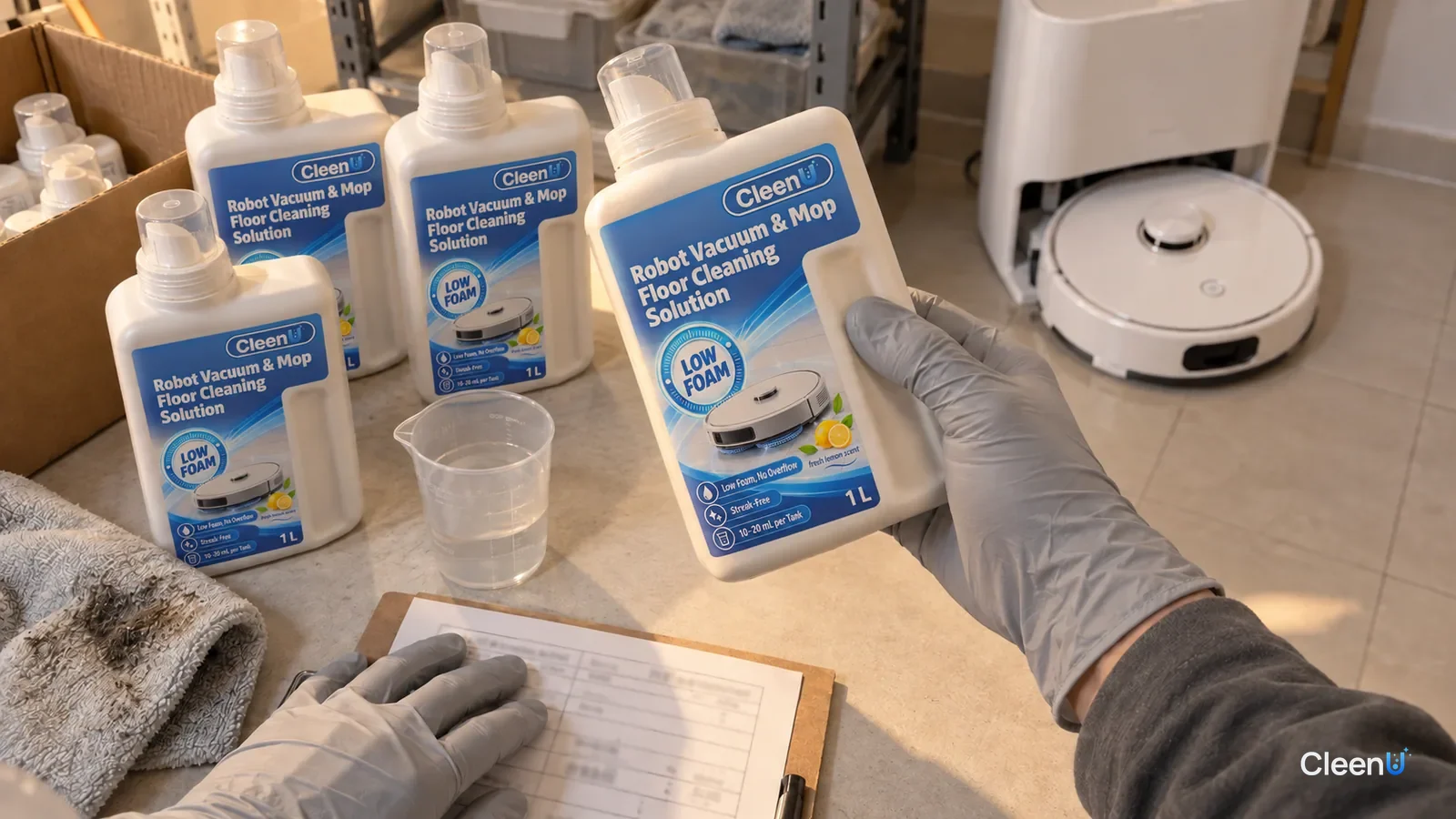 A gloved hand holds a CleenU Low Foam robot mop bottle from a returned batch while checking it against a complaint log.
