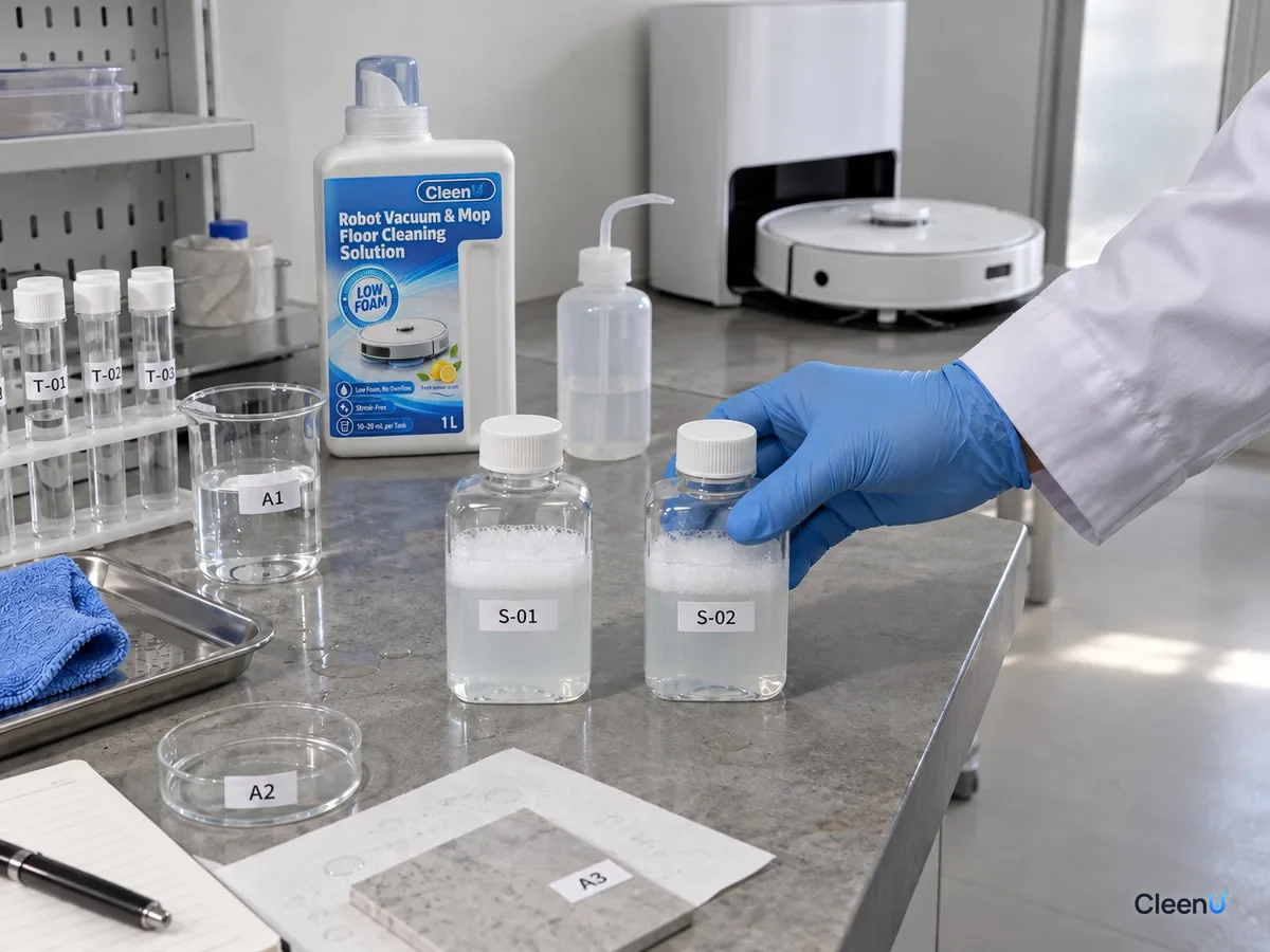 A gloved lab tech compares foam in sample bottles S-01 and S-02 to trace a complaint, beside a CleenU Low Foam bottle.