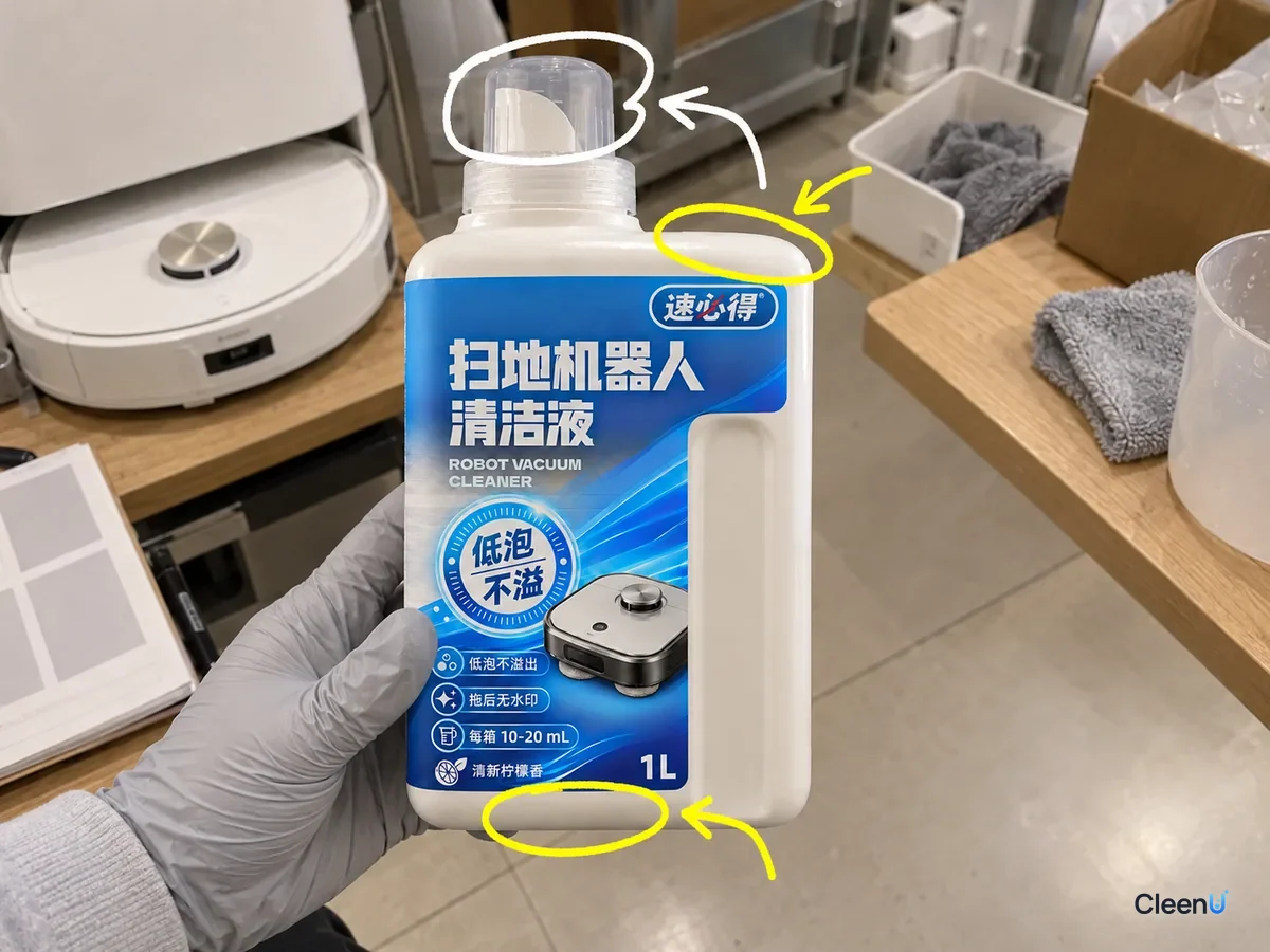 A gloved hand holds a Chinese-label robot mop solution bottle with its cap, shoulder and base marked for leak and damage checks.