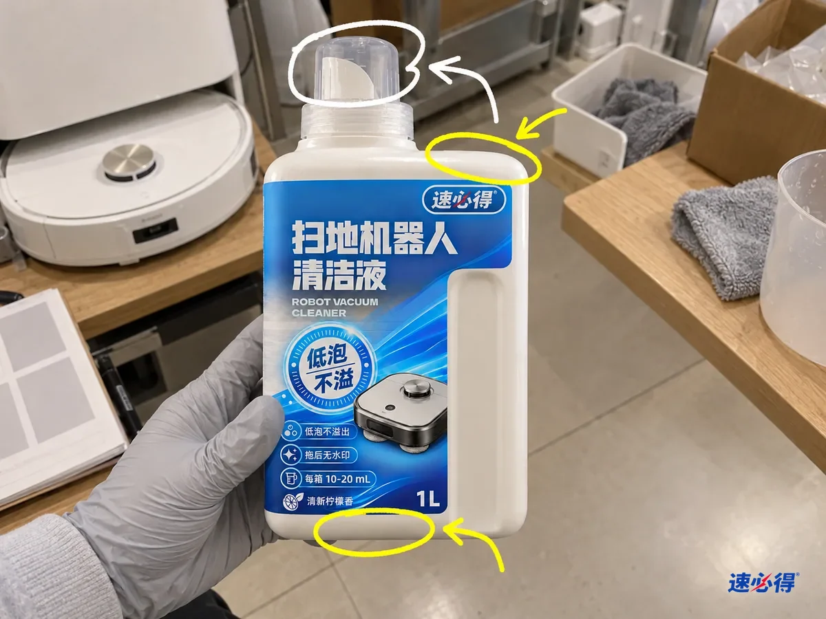 一瓶退回的清洁液瓶，瓶口、瓶肩和瓶底的位置被标出，戴灰色手套的手托着瓶底