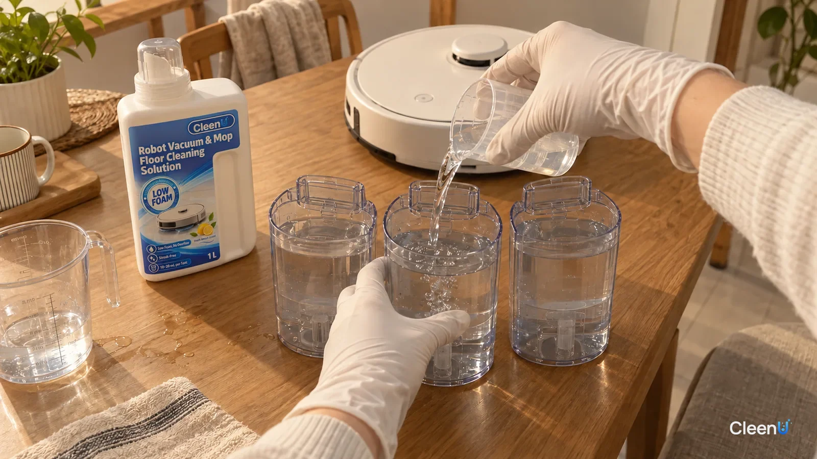 A gloved hand fills three robot water tanks in turn to compare dilutions, with a CleenU Robot Vacuum & Mop bottle on the table.