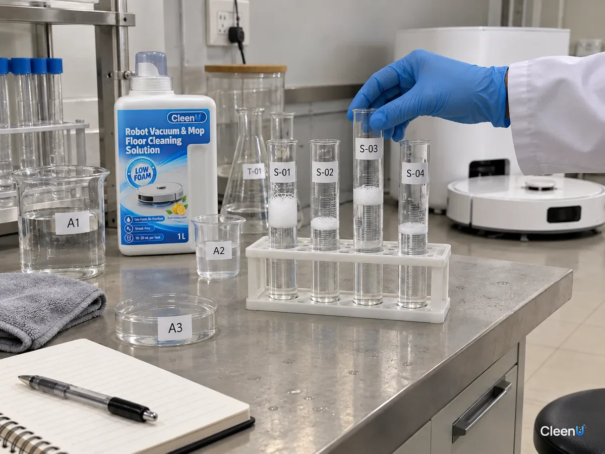 Lab cylinders S-01 to S-04 show different foam heights by dilution, beside a CleenU Low Foam robot mop solution bottle.