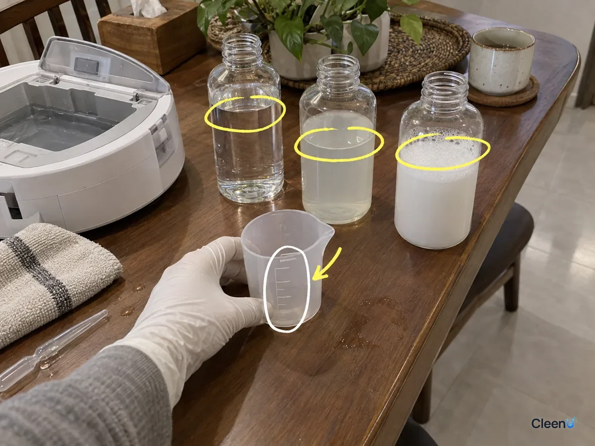 Three bottles of diluted solution show clearly different foam heights, with liquid levels and measuring cup marks noted.