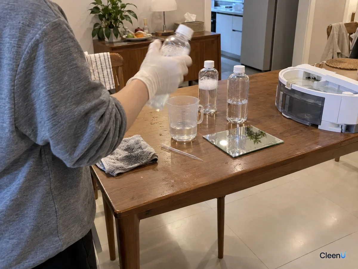 A person shakes a small bottle of diluted solution to compare foam, with a measuring cup and robot water tank on the table.