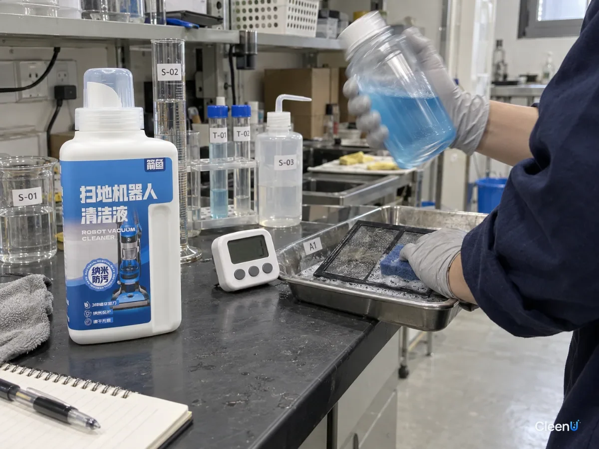 A gloved hand shaking a half-filled clear bottle beside a timer and a blue bottle