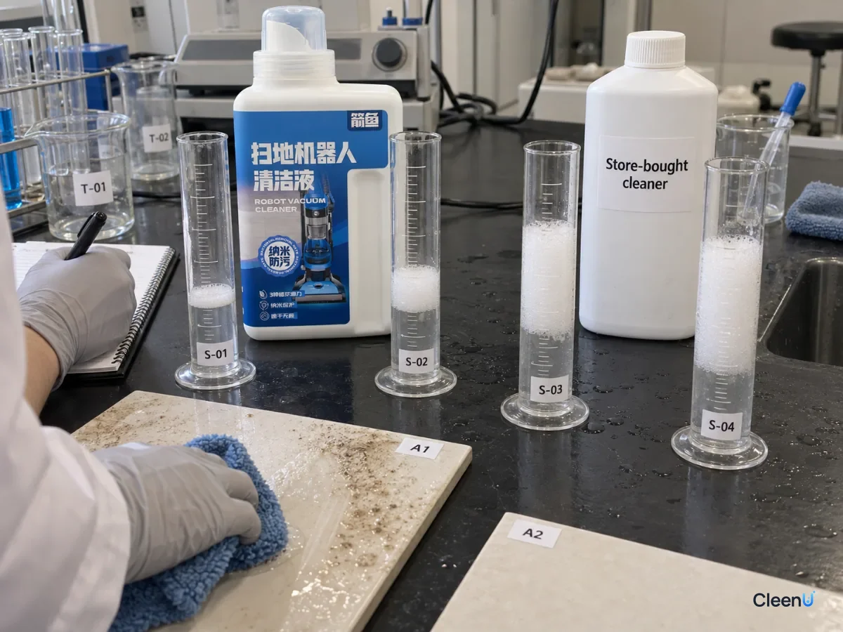 Graduated cylinders with different foam heights beside a record sheet on a laboratory bench