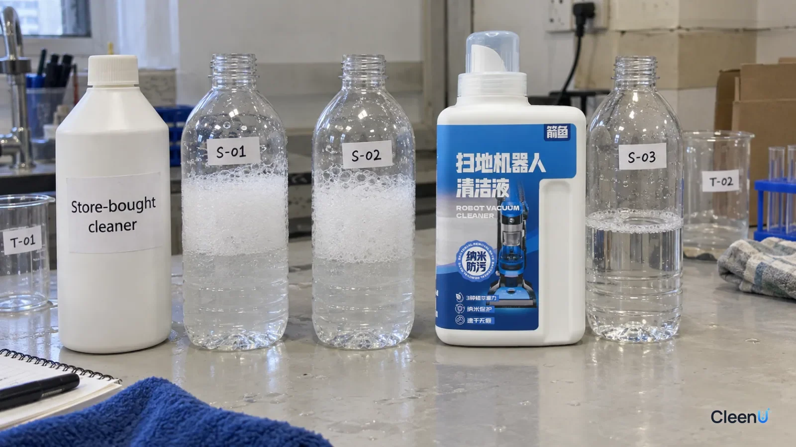Three half-filled clear bottles with different foam heights