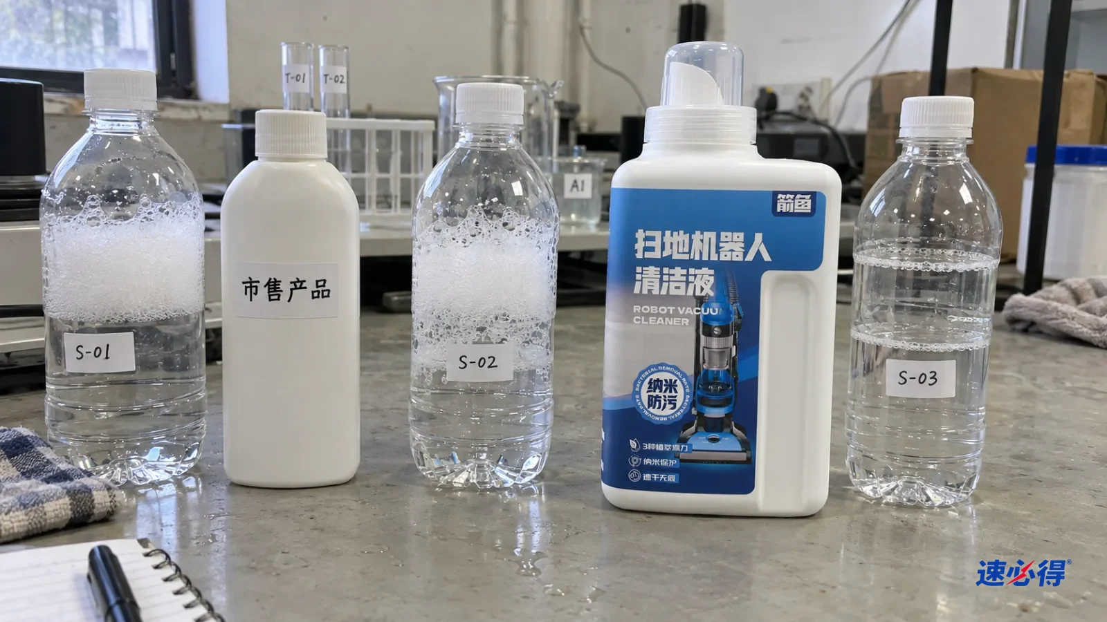 三只半满的透明瓶子并排放着，液面泡沫高度不同