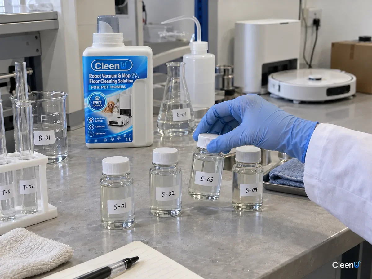A lab tech checks sample bottles S-01 to S-04 to compare formulas, beside a CleenU pet-home robot vacuum and mop solution.
