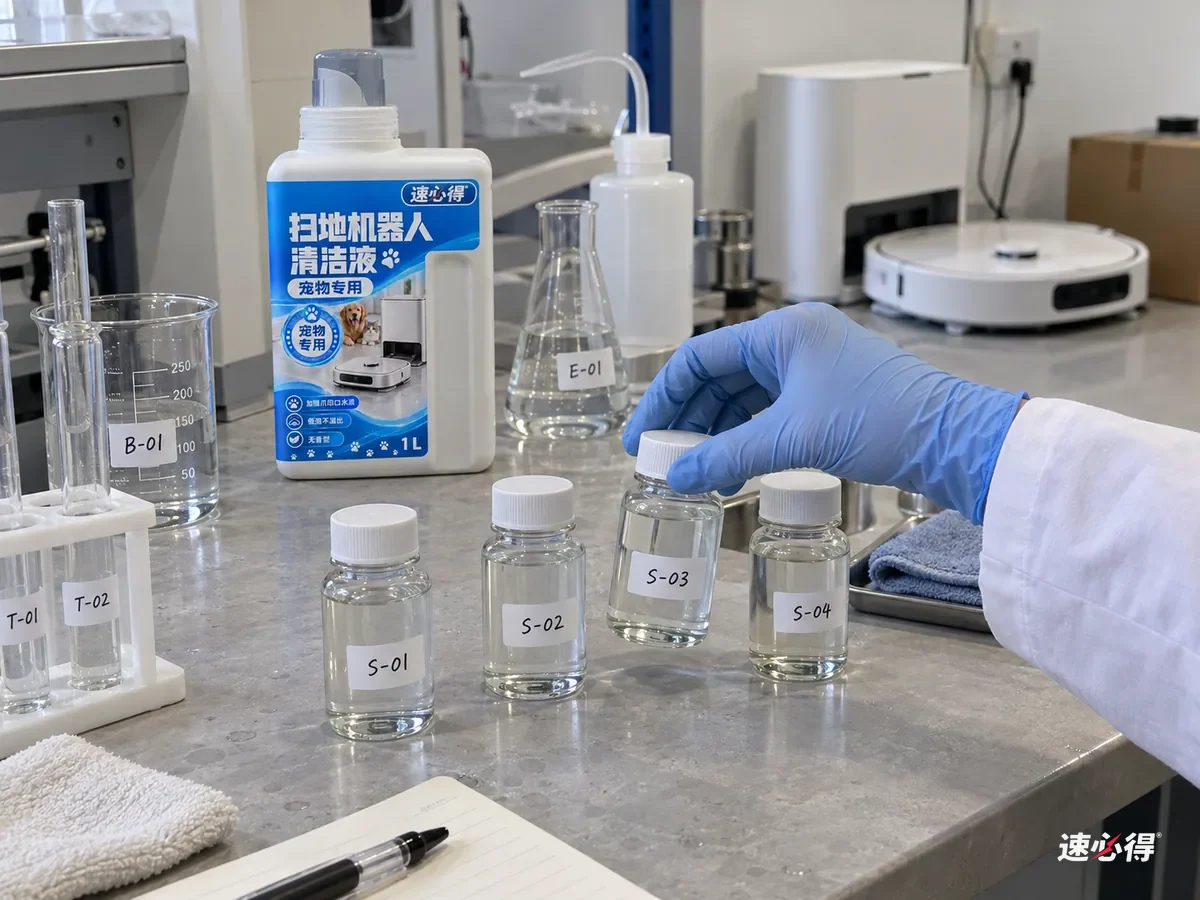 实验员检查S-01到S-04样品瓶比较配方，旁边是速必得宠物专用扫地机器人清洁液和扫地机器人。