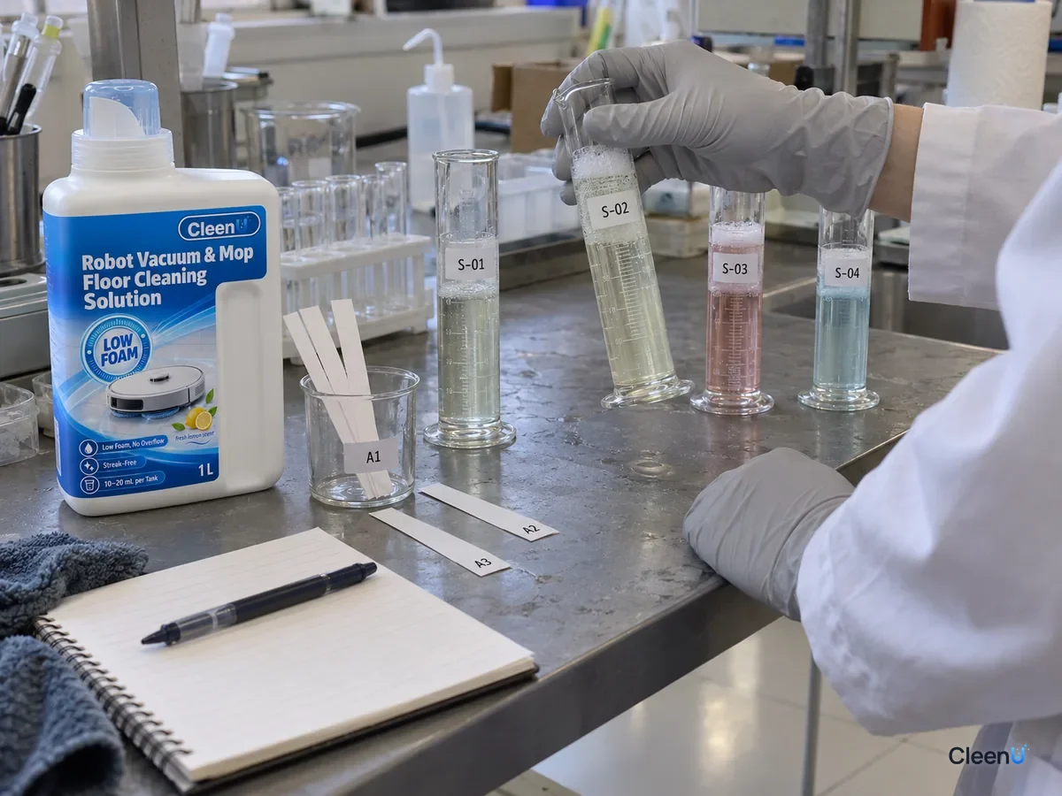 AI illustration: A gloved hand holding a graduated cylinder beside other cylinders, paper strips and a notebook