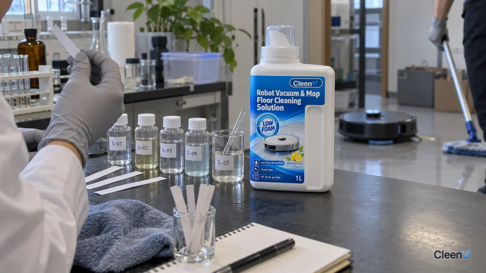 AI illustration: A hand holding a paper strip beside sample bottles and a notebook on a laboratory bench