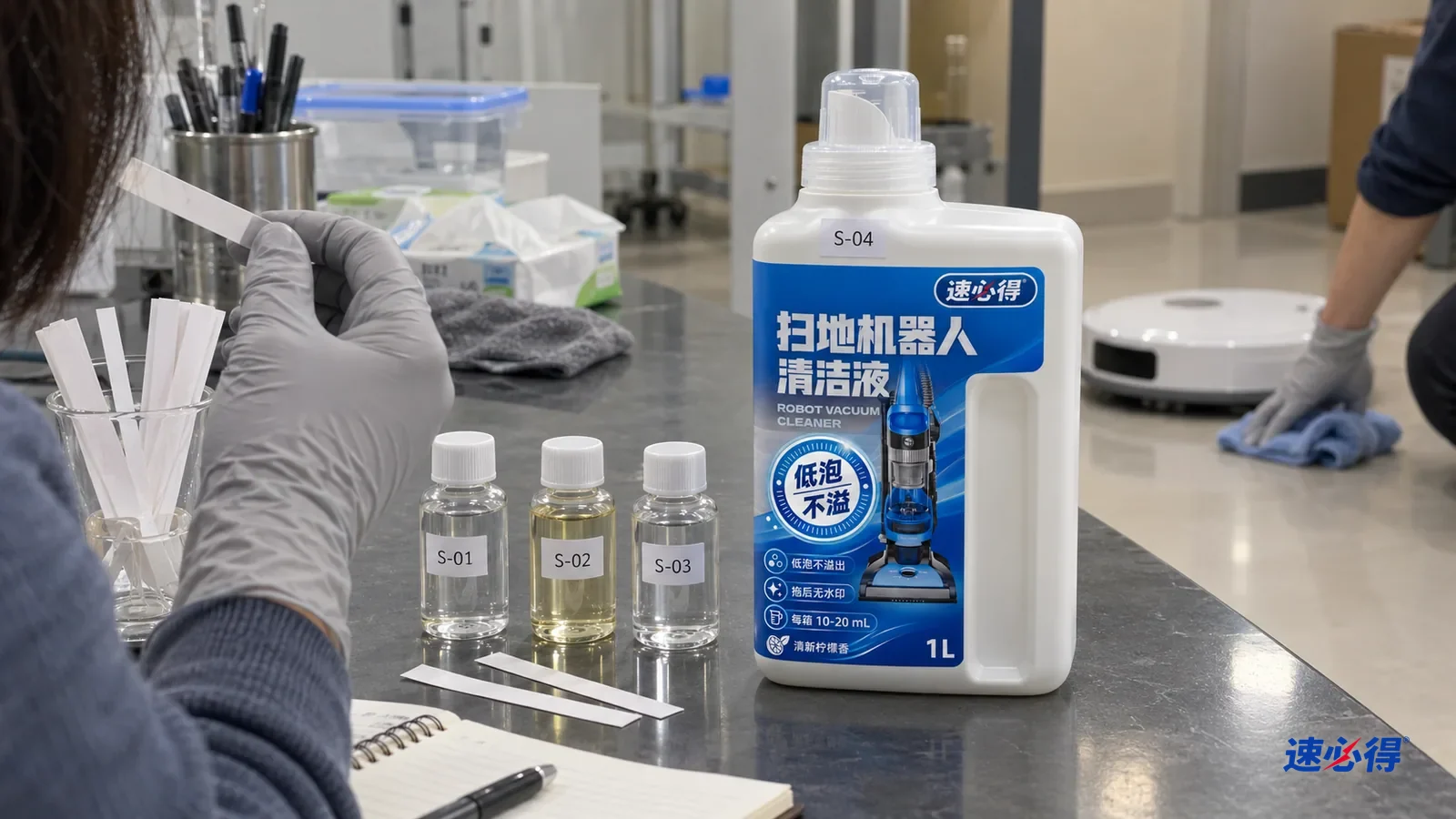 AI 示意图：手拿着一根纸条，实验台上摆着样品瓶和记录本