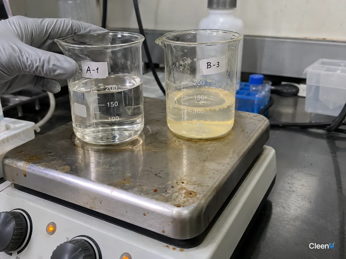 AI illustration: Two beakers on laboratory hot plates, one with a yellow-white deposit ring